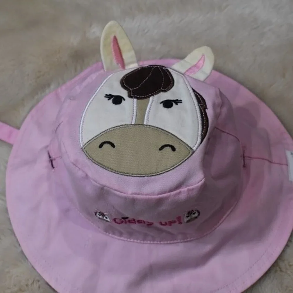 Girls Horse Reversable Bucket Hat Pink Blue Summer Beach Sun Cap